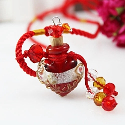 Red Lampwork Heart Perfume Bottle Pendant Necklace with Braided Rope, Essential Oil Vial Necklace with Bead Tassel Charm for Women, Red, 17.72~25.59 inch(45~65cm)