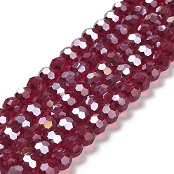 Dark Red Transparent Glass Beads, 32 Facets, AB Color Plated, Round, Dark Red, 8x7~7.5mm, Hole: 1.5mm, about 66pcs/strand, 18.82''~19.06''(47.8~48.4cm)
