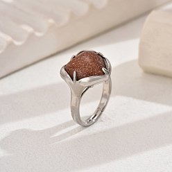 Камень с Пылевым Золотом Женское кольцо в форме сердца с синтетическим золотым камнем, латунные регулируемые кольца, платина, внутренний диаметр: 16~19 мм, Сердце: 17x17 mm