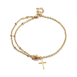 Cross 304 подвеска на ногу из нержавеющей стали с цепочками-сателлитами для женщин, золотые, накрест, крест: 16x9.5x0.5 мм, 8-7/8 дюйм (22.5 см)