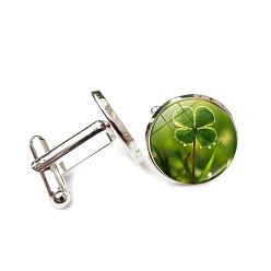 Yellow Green Saint Patrick's Day Glass Cufflinks for Men, with Brass Finding, Half Round with Clover, Yellow Green, 16mm
