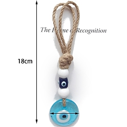 Deep Sky Blue Glass Flat Round with Evil Eye Pendant Decorations, Jute Cord Car Wall Hanging Decoration, Deep Sky Blue, 180x40mm