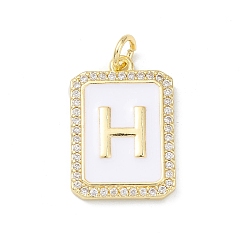 Letter H Brass Enamel Micro Pave Clear Cubic Zirconia Pendants, with Jump Ring, Real 18K Gold Plated, Rectangle Charm, Letter H, 20x13.5x2mm, Hole: 3.4mm