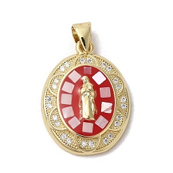 Red Oval with Virgin Mary Brass Micro Pave Clear Cubic Zirconia Pendants, with Enamel & Shell, Long-Lasting Plated, Lead Free & Cadmium Free, Real 18K Gold Plated, Red, 22x16x4mm, Hole: 5x3.5mm