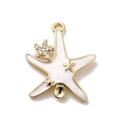 Белый Подвеска в форме морской звезды из латуни с микропаве из кубических цирконий и стразами, с эмалью, долговечный, стойки покрытие, без свинца и без кадмия, реальный 18 k позолоченный, белые, пригодный для стразов 2.5 мм, 23.5x20.5x2 мм, отверстие : 1.8 мм
