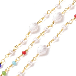 Colorful CCB Imitation Pearl Rhombus & Glass Beaded Chains, with Real 18K Gold Plated Brass Findings, Soldered, with Spools, Cadmium Free & Lead Free, Colorful, 19x7.5x5mm, 13x4mm, 12x3.5mm