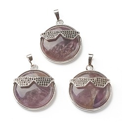 Amethyst Natural Amethyst Pendants, with Platinum Tone Brass Findings, Flat Round with Glasses, 32~32.5x27.5x9mm, Hole: 6.5x5mm