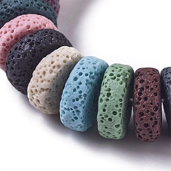 Mixed Color Natural Lava Rock Beads Strands, Dyed, Flat Round/Disc, Mixed Color, 15x5mm, Hole: 2mm, about 33pcs/strand, 7.68 inch(19.5cm)