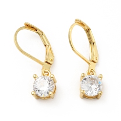 Real 18K Gold Plated Clear Cubic Zirconia Flat Round Dangle Leverback Earrings, Brass Jewelry for Women, Real 18K Gold Plated, 23mm, Pin: 0.7mm