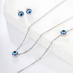 Stainless Steel Color Evil Eye Stainless Steel Stud Earring & Bracelets & Necklaces Set, with Enamel, Stainless Steel Color, Necklaces: 420mm; Bracelets: 170mm; Earring: 7mm