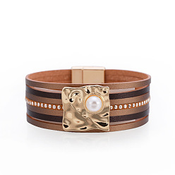 sz00215-4 Bohemian Multi-layer Leather Buckle Pearl Bracelet - Ethnic Style, Magnetic Clasp Jewelry.