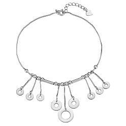 Platinum Rhodium Plated 925 Sterling Silver Donut Charm Anklet with Curved Tube Beads, Long Chain Tessel Charm Jewelry for Women Summer Beach Gift, Platinum, 8-1/4 inch(21cm)