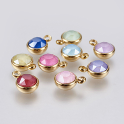 Mixed Color K9 Glass Pendants, with 304 Stainless Steel Findings, Ion Plating (IP), Faceted, Flat Round, Golden, Mixed Color, 13.5x10x6mm, Hole: 2.5mm