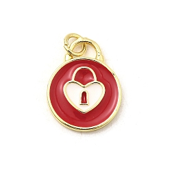 Красный Латунь эмаль подвески, плоский круглый с подвесками-замками, реальный 18 k позолоченный, с целью перехода в кольце, без свинца и без кадмия, долговечный, стойки покрытие, красные, 19x15x2 мм, отверстие : 3.4 мм