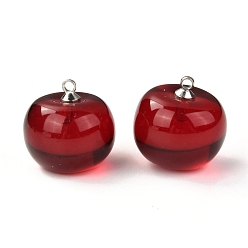 Dark Red Resin Pendants with Glass Kernel and Stainless Steel Top Ring, Imitation Fruit, 3D Cherry, Dark Red, 17~18x17~17.5mm, Hole: 1.6mm