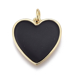 Black Brass Enamel Pendants, with Jump Rings, Long-Lasting Plated, Real 18K Gold Plated, Heart, Black, 17x17x2mm, Jump Rings: 5x1mm, Inner Diameter: 3mm