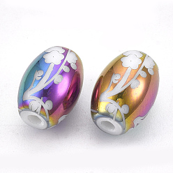 Multi-color Plated Electroplate Glass Beads, Barrel with Flower Pattern, Multi-color Plated, 11x8mm, Hole: 1.6mm, 200pcs/bag