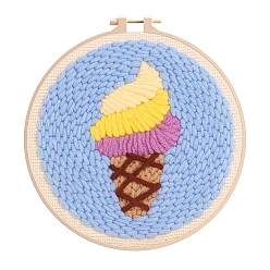 Champagne Yellow Ice Cream Pattern Punch Embroidery Beginner Kits, including Embroidery Fabric & Hoop & Yarn, Punch Needle Pen, Threader, Instruction, Champagne Yellow, 150mm