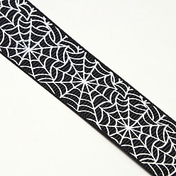 Black Halloween Ornaments Spider Web Pattern Printed Grosgrain Ribbons, Black, 3/8 inch(9mm), about 100yards/roll(91.44m/roll)