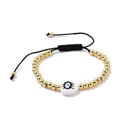 White Enamel Evil Eye Heart & Brass Braided Bead Bracelet for Women, Cadmium Free & Lead Free, White, Inner Diameter: 2~3-1/8 inch(5.05~8cm)