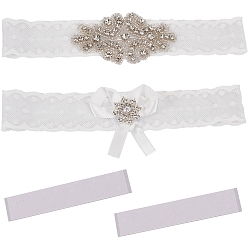 White Lace Elastic Bridal Garters, with Rhinestone and Flower Pattern, Wedding Garment Accessories, White, 1-3/8 inch(35mm)
