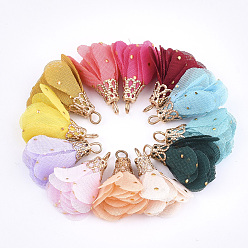 Mixed Color Iron Pendants, with Chiffon, Flower, Golden, Mixed Color, 23~28x20~30mm, Hole: 1~3mm