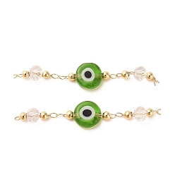Lime Green Handmade Evil Eye Lampwork with Glass Handmade Beaded Links Connectors, with Rack Plating Real 18K Gold Plated Brass Findings, Lime Green, 36mm, Hole: 1mm