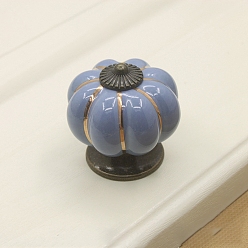 Slate Blue Porcelain Drawer Knobs, with Metal Finding, European Style Pumpkin Shape Cabinet Handle, Slate Blue, 40x40mm