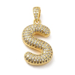 Letter S Brass Micro Pave Cubic Zirconia Pendants, Cadmium Free & Lead Free, Long-Lasting Plated, Real 18K Gold Plated, Letter S, 23x14x5.5mm, Hole: 4.5x3mm