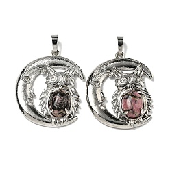 Родонит Природные подвески родонит, Подвески в виде совы со стойкой, латунь, луна, платина, без кадмия и без свинца, 38.5x31.5x8 мм, отверстие : 8x5 мм