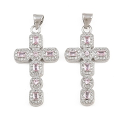 Pink Micro cuivres ouvrent pendentifs zircone cubique, breloques en forme de croix octogonale, sans cadmium et sans plomb, platine, rose, 32x17.5x4mm, Trou: 5x3mm
