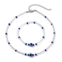 Blue Evil Eye Jewelry Set, Resin & Acrylic Stretch Bracelet and Beaded Necklace, Blue, 16-5/8 inch(42.1cm)