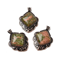 Унакит Подвески из натурального унакита с ромбами, с винтажной латунной рамкой красного медного оттенка, 40~40.5x29~29.5x7.5 мм, отверстие : 5x3.5 мм