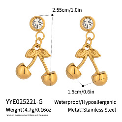 Настоящее золото 18K 304 серьги-гвоздики с подвесками в виде вишен из нержавеющей стали, с четким кубического циркония, реальный 18 k позолоченный, 25.5x15 мм