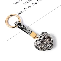 Jet PU Leather & Rhinestone Keychain, with Alloy Spring Gate Rings, Heart, Jet, 11.5x4.5cm