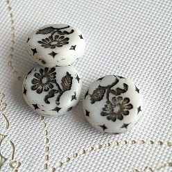 White Czech Glass Beads, Flat Round with Flower of Life, White, 18mm