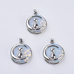 Opalite Opalite Kitten Pendants, with Brass Findings, Flat Round with Cat & Crescent Moon Shape, Platinum, 32x27.5x10mm, Hole: 5x7mm