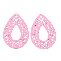 Pink 430 подвеска из нержавеющей стали, окрашенная распылением, подвески в форме капли с узором в виде сердечек, розовые, 42x28x0.4 мм, отверстие : 1 мм