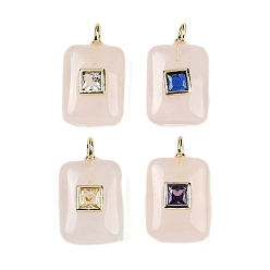 Розовый Кварц Природного розового кварца подвески, прямоугольные подвески с латунной микропаве кубическими цирконами случайных цветов, золотые, 21x12x6 мм, отверстие : 2x1 мм