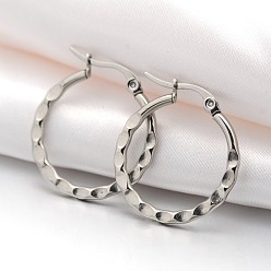 Stainless Steel Color 201 Stainless Steel Hoop Earrings, with 304 Stainless Steel Pin, Hypoallergenic Earrings, Dapped Ring, Stainless Steel Color, 27x25x2mm, Pin: 1x0.6mm