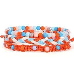 Coral 3Pcs 3 Style Waxed Cord Braided Bead Bracelets Set, Adjustable Stackable Bracelets, Coral, 6-1/4~6-3/4 inch(16~17cm), 1Pc/style