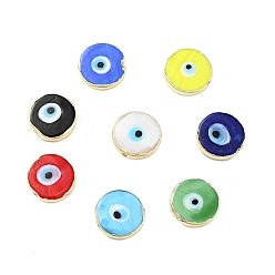 Mixed Color Rack Plating Handmade Evil Eye Lampwork Beads, with Brass Findings, Long-Lasting Plated, Flat Round, Mixed Color, 17.5~18x4.5~5mm, Hole: 1~1.2mm