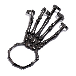 Black Halloween Themed Skull Alloy Full Hand Ring Bracelet, Stretch Bracelet with 5 Adjustable Rings for Women, Black, Inner Diameter: 2-3/8 inch(6cm)