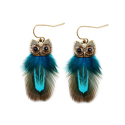 Deep Sky Blue Feather Owl Dangle Earrings, Gold Plated Alloy Jewelry for Women, Deep Sky Blue, 60x20mm