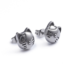 Antique Silver Retro 304 Stainless Steel Stud Earrings, with Ear Nuts, Cat Shape, Antique Silver, 10x9.3mm, Pin: 0.7mm
