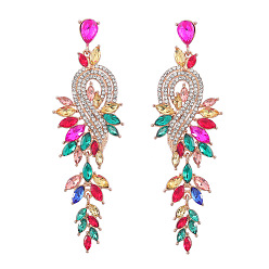 Colorful Sparkling Rhinestone Leafy Branch Dangle Stud Earrings, Golden Alloy Long Drop Earrings for Women, Colorful, 95x30mm