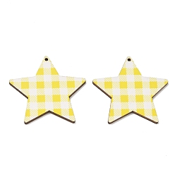 Yellow MDF Double-faced Printed Big Pendants, Star with Tartan Pattern Charms, Yellow, 47.5x50x2.5mm, Hole: 1.8mm