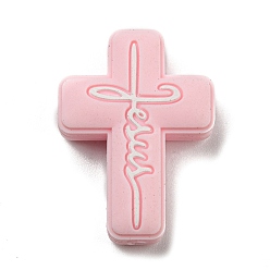 Pink Крест с надписью Иисус, силиконовые фокусные бусины, жевательные бусины для чайников, DIY уход за ожерельем, розовые, 30x22x8 мм, отверстие : 2 мм