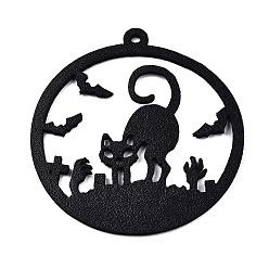 Cat Shape Halloween Theme Imitation Leather Pendants, Flat Round, Black, Cat Pattern, 51~52x47x1mm, Hole: 2mm