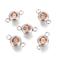 Light Peach 304 Stainless Steel Rhinestone Links Connectors, Flat Round, Stainless Steel Color, Light Peach, 12x6.5x4mm, Hole: 2mm